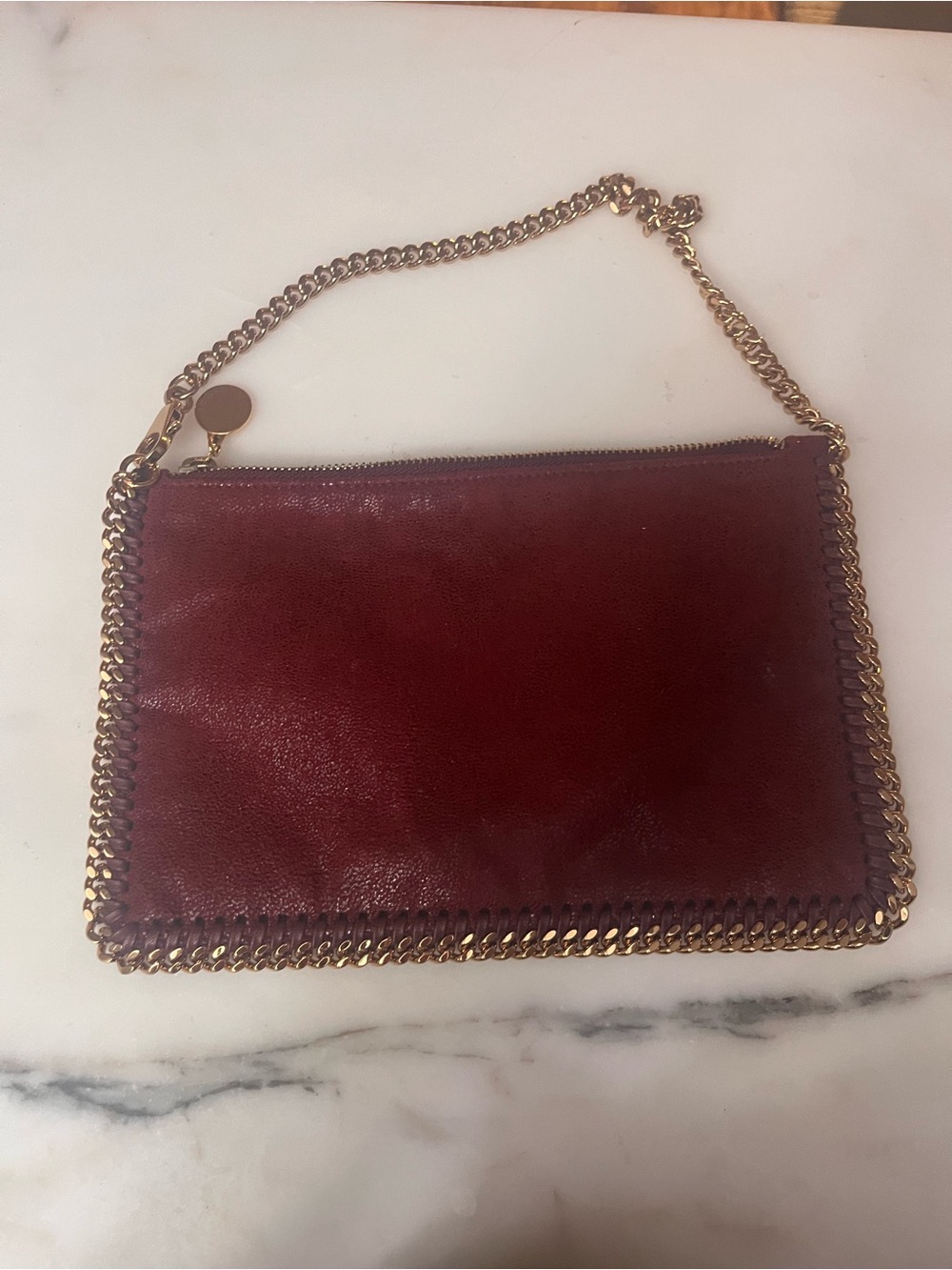 Stella McCartney Burgundy Faux-Leather Chain-Trim Clutch with Gold Tone Hardware